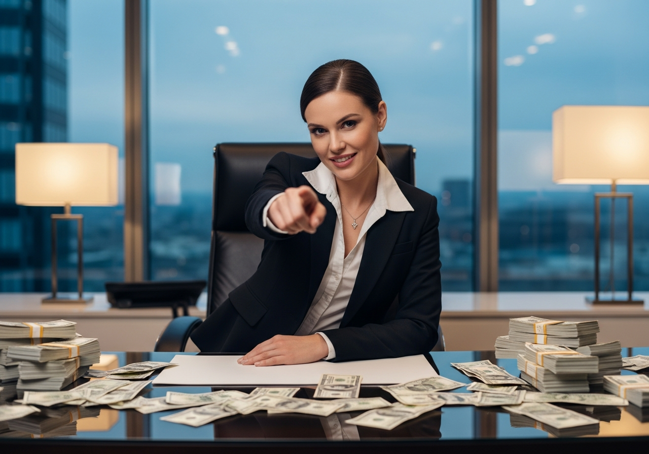 Female banker pointing at viewer with money on desk