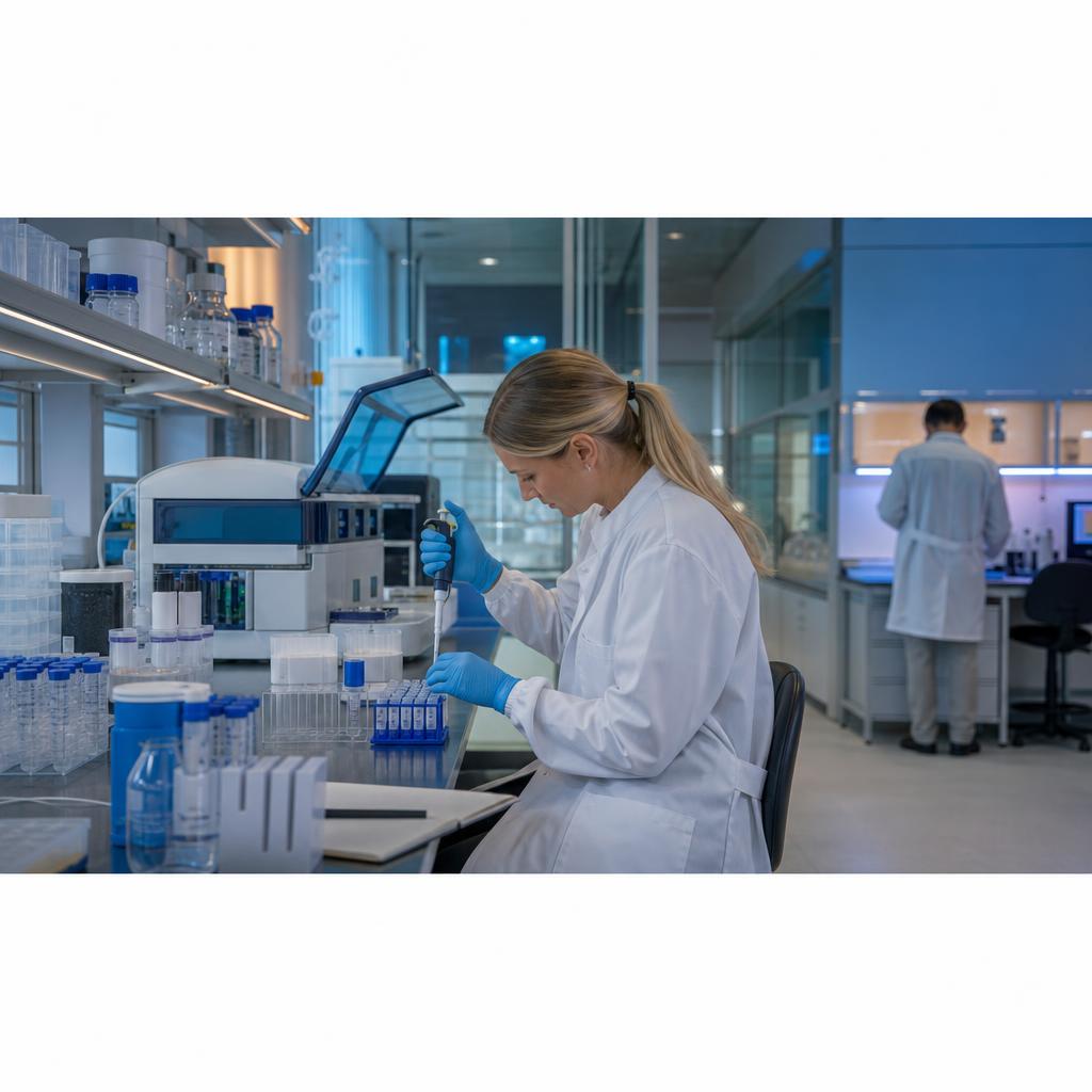 Biotechnology researcher using a pipette at a modern laboratory bench