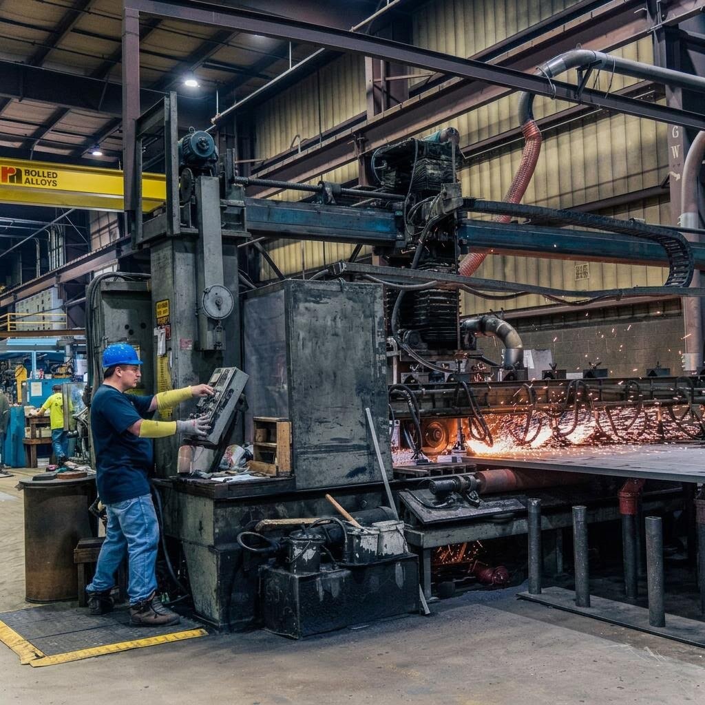 Manufacturing worker operating metal-cutting machinery on a factory floor